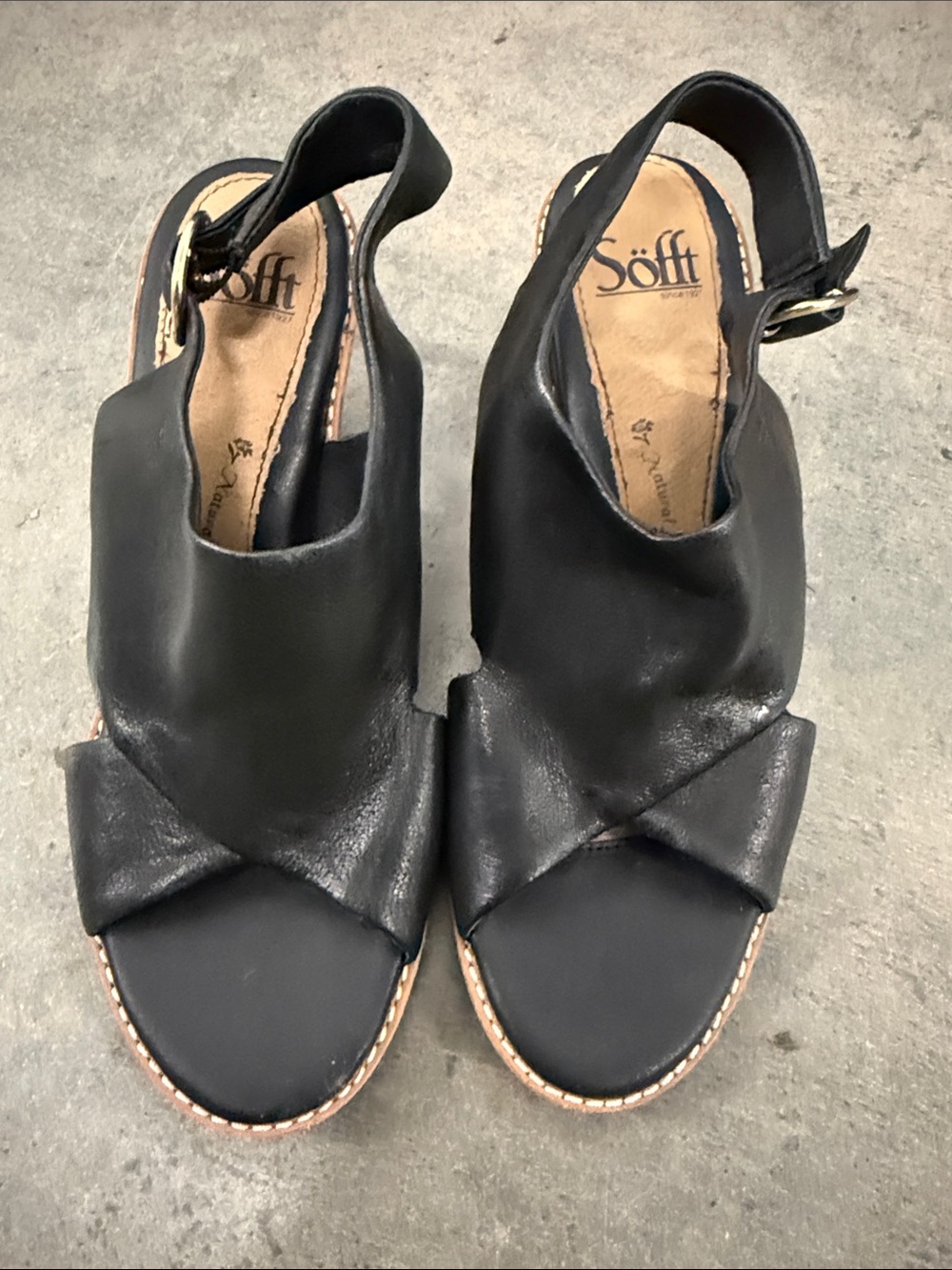 Sofft Black Leather Knotted Slingback Wedge Sandals